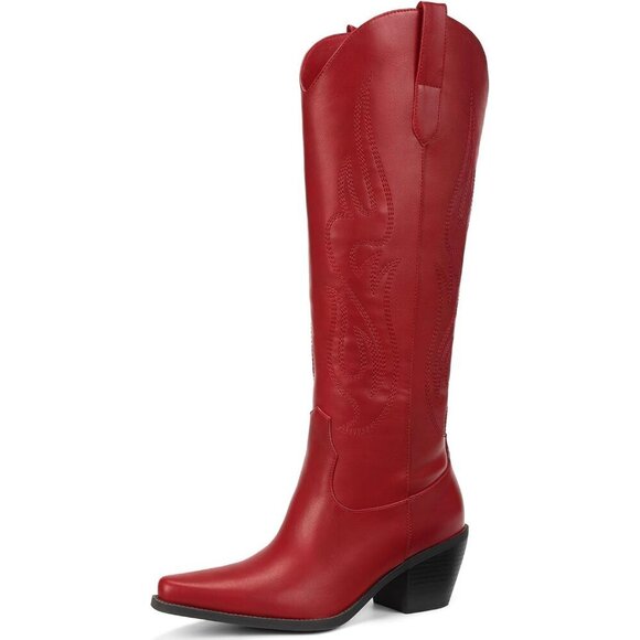 Shoes - Women's Red Knee High Wide Calf Cowgirl Boots Slip On Pointed Toe Chunky Heel